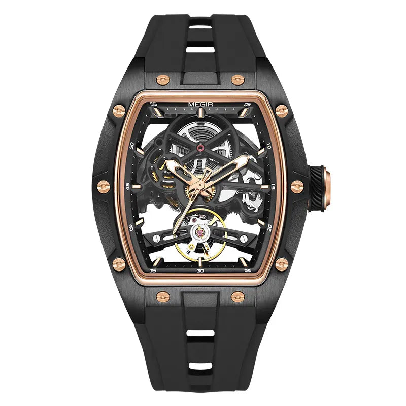 MEGIR Men Wristwatch Fashion Black Waterproof Automatic Mechanical Watch with Luminous Hands Silicone Strap Tonneau Dial 2242