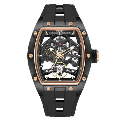 MEGIR Men Wristwatch Fashion Black Waterproof Automatic Mechanical Watch with Luminous Hands Silicone Strap Tonneau Dial 2242