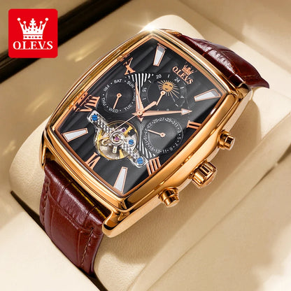 OLEVS 6675 Original Automatic Men's Watches Luxury Brand Square Dial Moon Phase Hollowed Flywheel Mechanical Wristwatch for Man