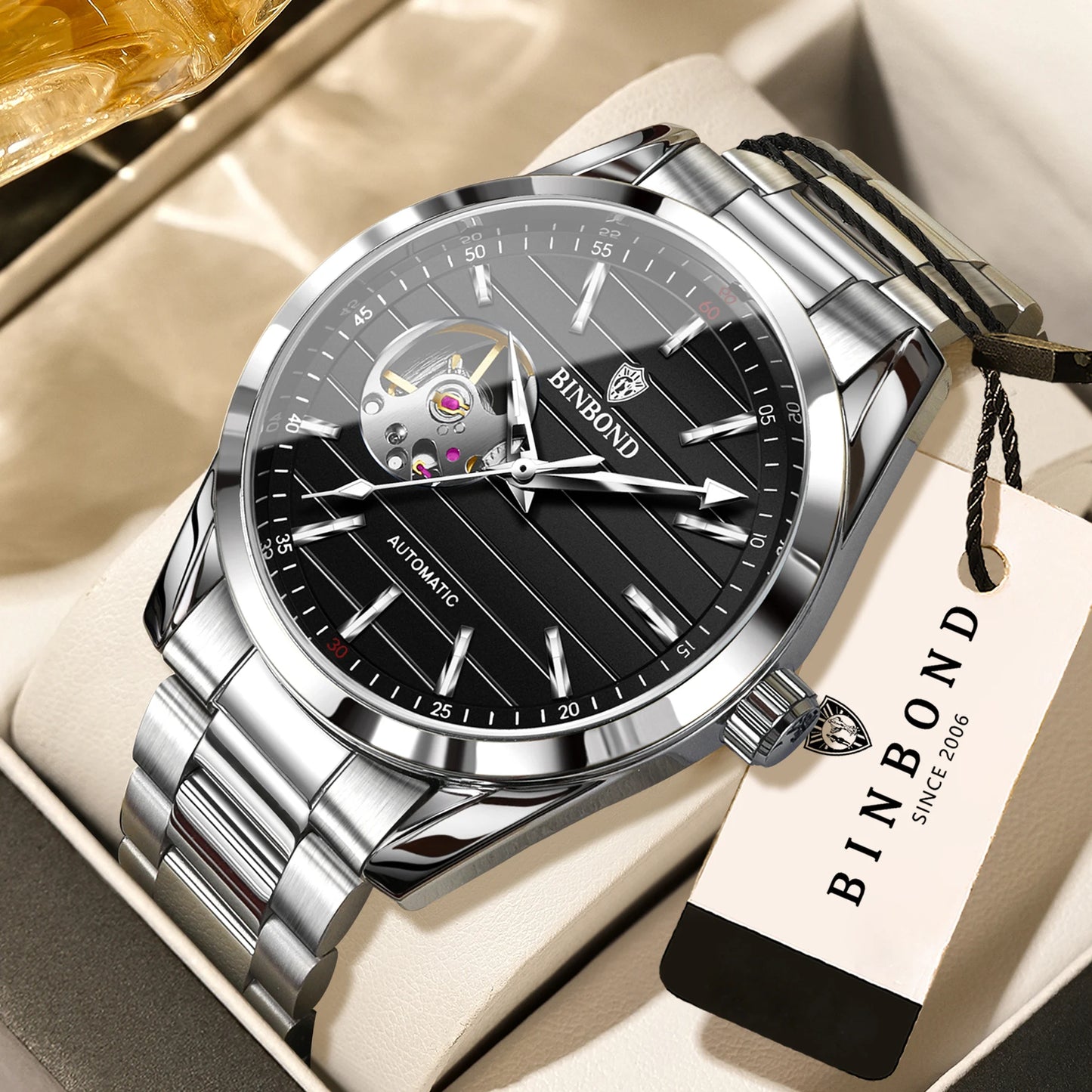 BINBOND Luxury mechanical wristwatches for men luminous waterproof automatic tourbillon men's watch vintage skeleton reloj