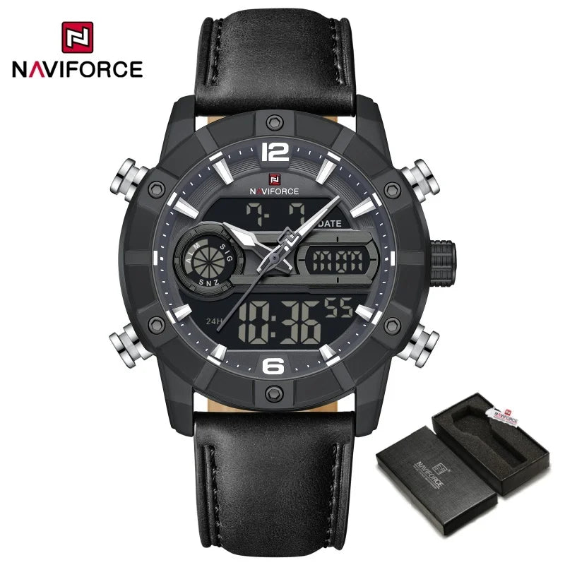 NAVIFORCE NF9263 Waterproof Watch Luminous Display Genuine Leather Strap Multi-Function Chronograph Countdown Timer Alarm NF9263
