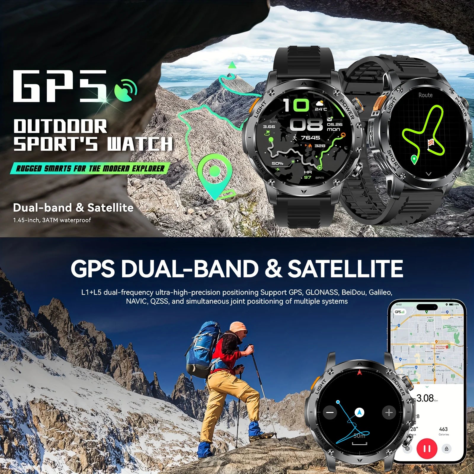 2025 New GPS Outdoor Sports Smart Watch Men AMOLED Screen NFC Flashlight Heart rate Waterproof Bluetooth Call 1000mAh SmartWatch