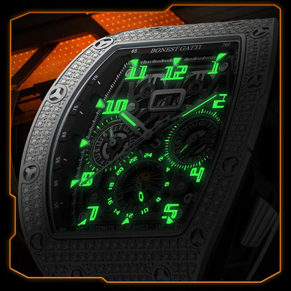 BONEST GATTI Automatic Watch Tonneau Mechanical Wristwatch Diamond Bezel Rubber Strap Watches For Men
