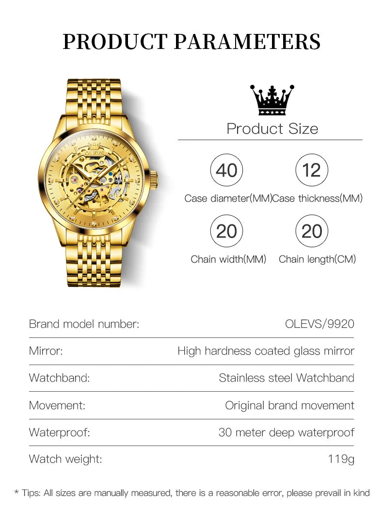OLEVS 9920 Men's Watches Solid Stainless Steel Waterproof Luminous Man Watch Luxury Hollow Original Automatic Mechanical Watches