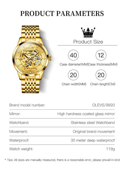 OLEVS 9920 Men's Watches Solid Stainless Steel Waterproof Luminous Man Watch Luxury Hollow Original Automatic Mechanical Watches