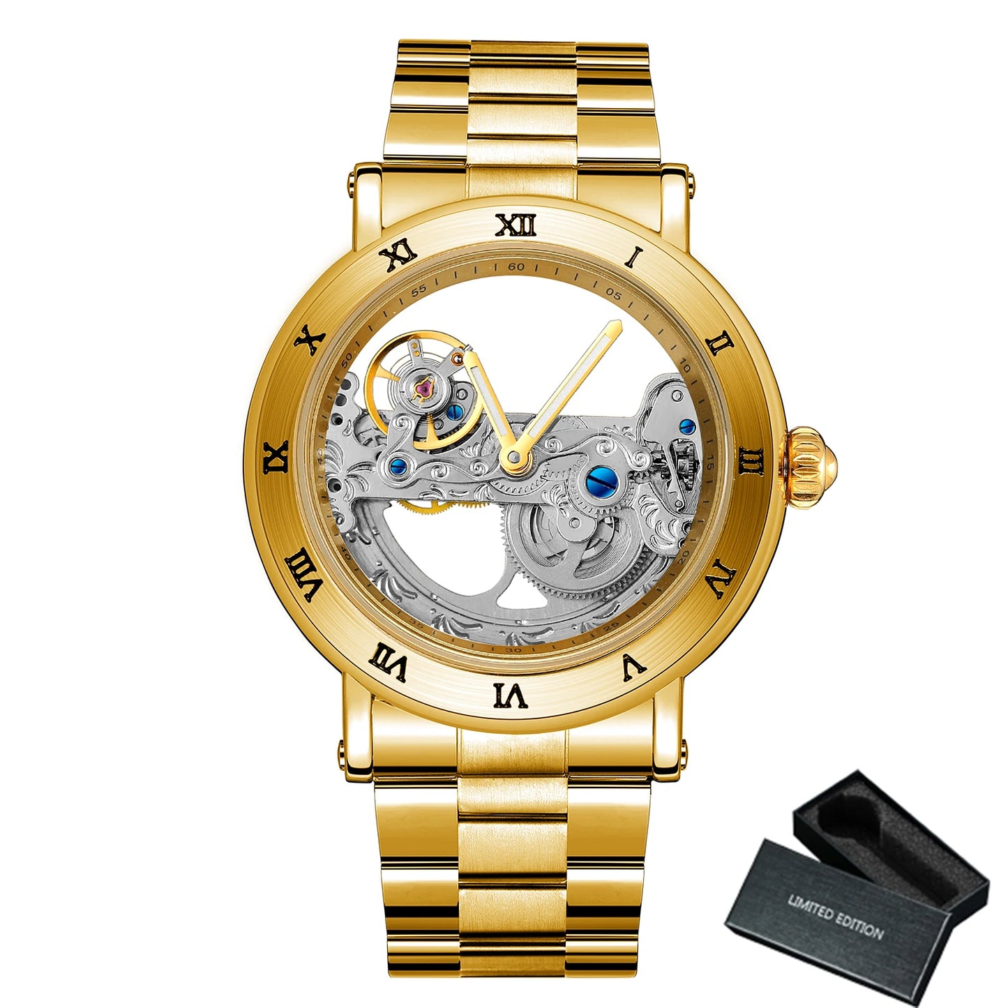Forsining Luxury Skeleton Automatic Mechanical Watch for Men Golden Bridge Dial Steel Leather Strap Business Mens Watches Gifts