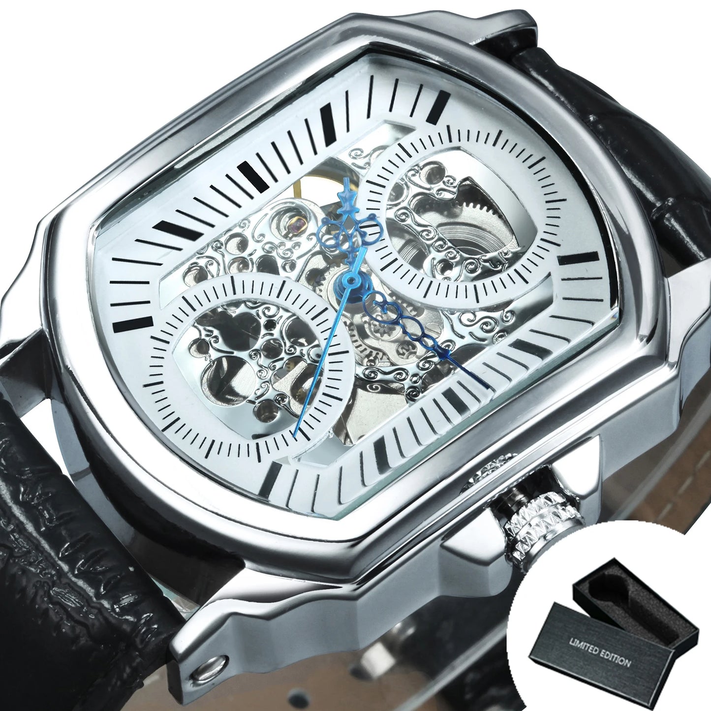 WINNER Business Mens Mechanical Watches Blue Pointers Irregular Skeleton Automatic Watch for Men Casual Leather Strap Wristwatch