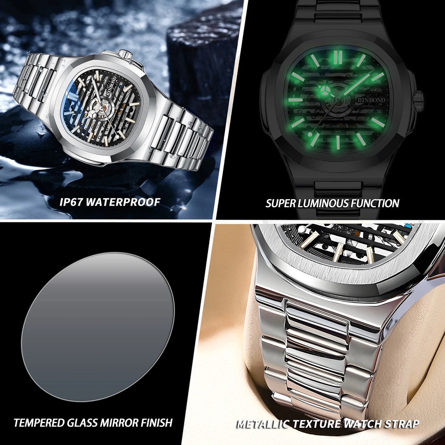 BINBOND  automatic tourbillon precise men's watch mechanical wristwatches for men luxury luminous waterproof skeleton reloj