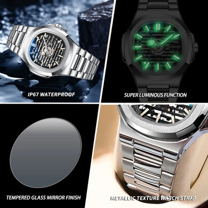 BINBOND  automatic tourbillon precise men's watch mechanical wristwatches for men luxury luminous waterproof skeleton reloj