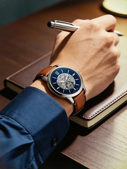 Fossil Men's Automatic Mechanical Watch Skeleton Dial Visible Movement Leather Strap Blue Navy Business Dress Gift Boyfriend