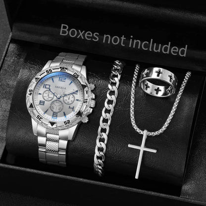 4PCS/Set Fashion Mens Stainless Steel Watches Luxury Quartz Wristwatch Jewelry Set Reloj Hombre（Box Not Included ）