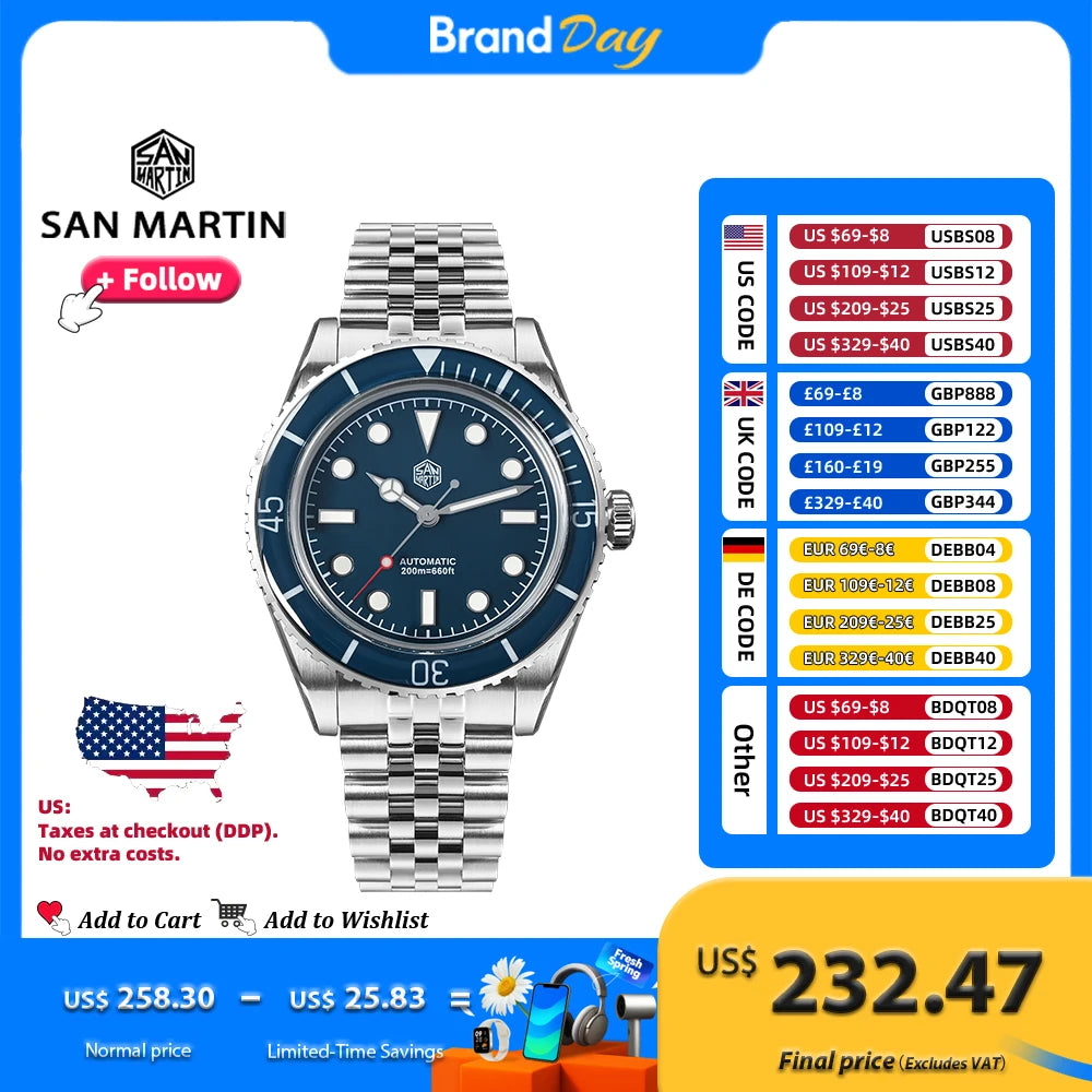 San Martin SN0133G Watch  Automatic Movement Mechanical Wristwatches Sapphire Crystal
