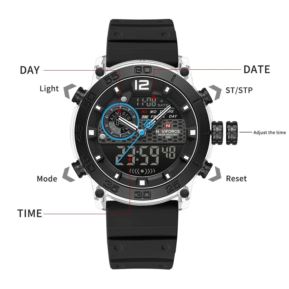 NAVIFORCE Men's Lightweight Sports Wrist Watch Dual Display Time Night Light Watches Boy's Quartz  Stopwatch Multifunctional