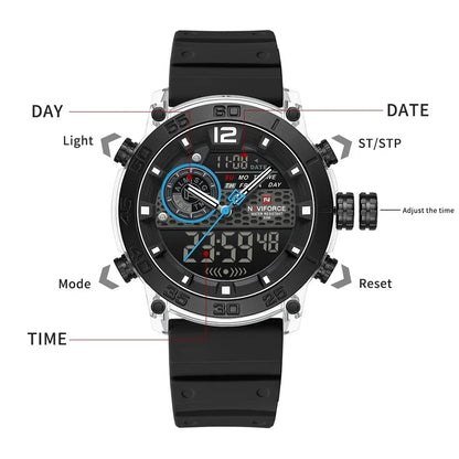 NAVIFORCE Men's Lightweight Sports Wrist Watch Dual Display Time Night Light Watches Boy's Quartz  Stopwatch Multifunctional
