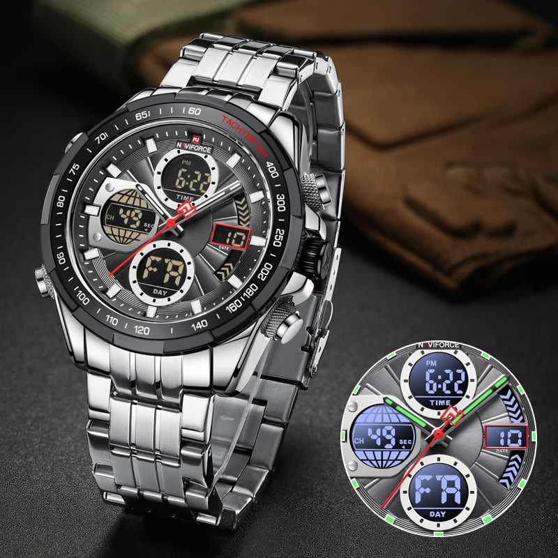 NAVIFORCE Men's Quartz Watches New Dual Display 30m Waterproof Sports Wrist Watch Stainless Steel Casual Clock Relogio Masculino