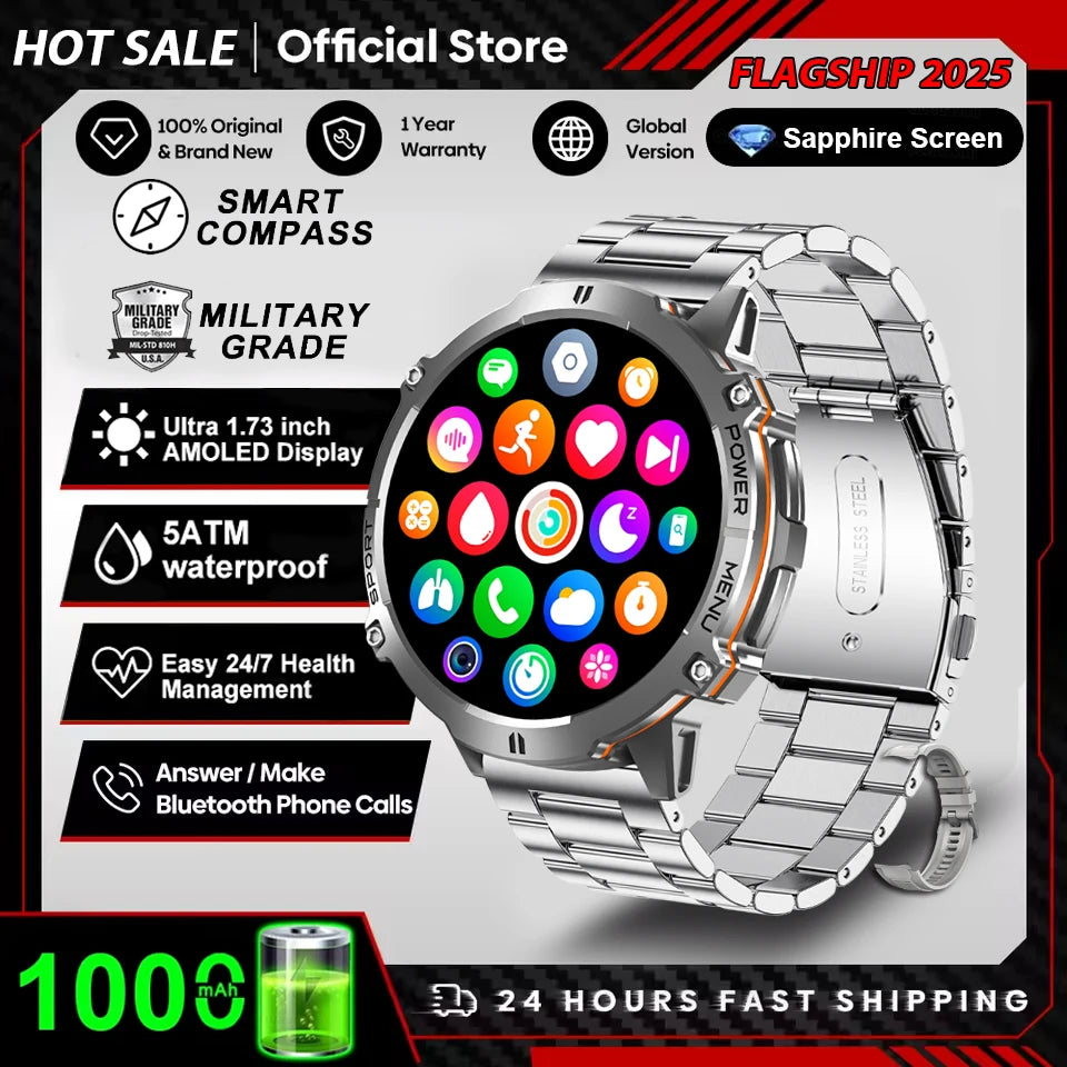 2026 Military TANK X3 Smart Watch Men 1.73" AMOLED Screen 5ATM Waterproof 1000mAh Battery GPS Sports Fitness Track Smart Watches