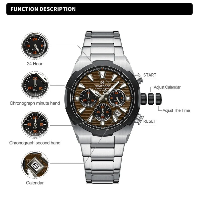 NAVIFORCE Men's Quartz Watch Multifunctional Calendar Stopwatch Luminous 30ATM Waterproof Stainless Steel Band Wristwatch