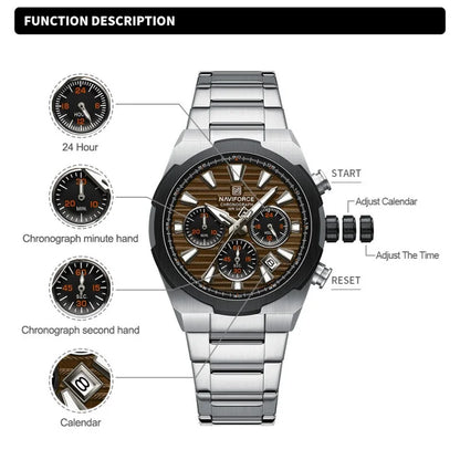 NAVIFORCE Men's Quartz Watch Multifunctional Calendar Stopwatch Luminous 30ATM Waterproof Stainless Steel Band Wristwatch