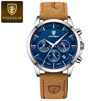 POEDAGAR Original Military Men Clock Waterproof Luminous Leather Quartz Man Watch Chronograph Date Luxury Business Men's Watches