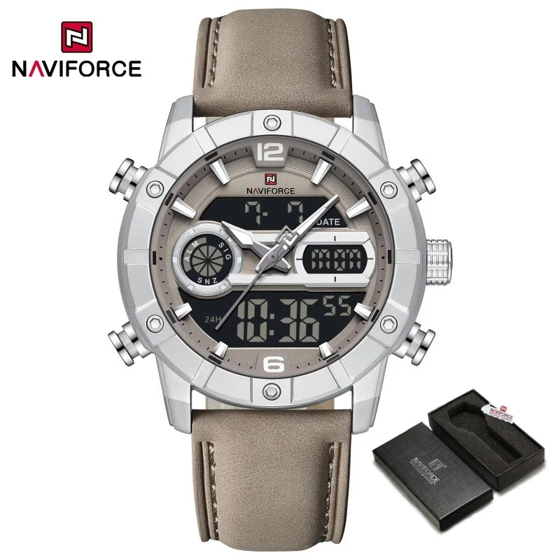 NAVIFORCE NF9263 Waterproof Watch Luminous Display Genuine Leather Strap Multi-Function Chronograph Countdown Timer Alarm NF9263