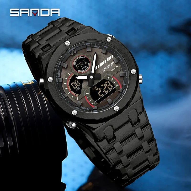 SANDA Fashion Men's Quartz Watch Multifunction Chronograph LED Display Wristwatch Waterproof Stainless Steel Men's Digital Clock