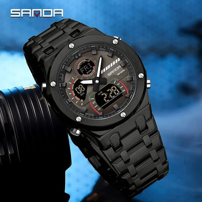 SANDA Fashion Men's Quartz Watch Multifunction Chronograph LED Display Wristwatch Waterproof Stainless Steel Men's Digital Clock
