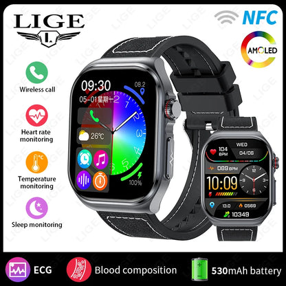 LIGE AMOLED Smart Watch ET585 Men ECG Blood Compositoin Health Monitoring Bluetooth Call Women Sports Fitness Tracker Smartwatch