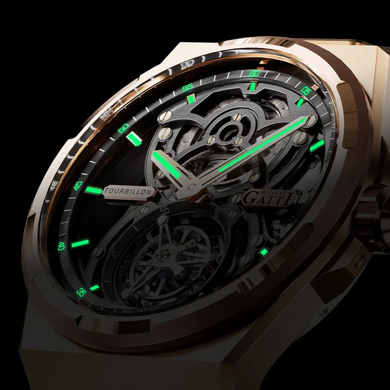 BONEST GATTI New Infinite Series Watch Men Tourbillon Full Automatic Mechanical Skeleton Wristwatch Stainless Steel Strap