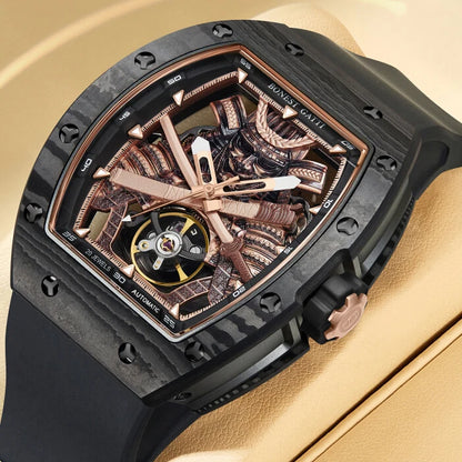 BONEST GATTI Men Automatic Watch 42*54mm Tonneau Carbon Fiber Mechanical Wristwatch Luminous Ninja Dial Sapphire Mirror
