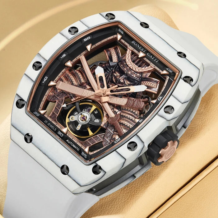 BONEST GATTI Men Automatic Watch 42*54mm Tonneau Carbon Fiber Mechanical Wristwatch Luminous Ninja Dial Sapphire Mirror
