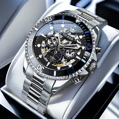 OLEVS 6715 Men's Watch Hollow Date Automatic Mechanical Watch For Men 43mm Big Dial Moon Phase Fashion Waterproof Man Wristwatch
