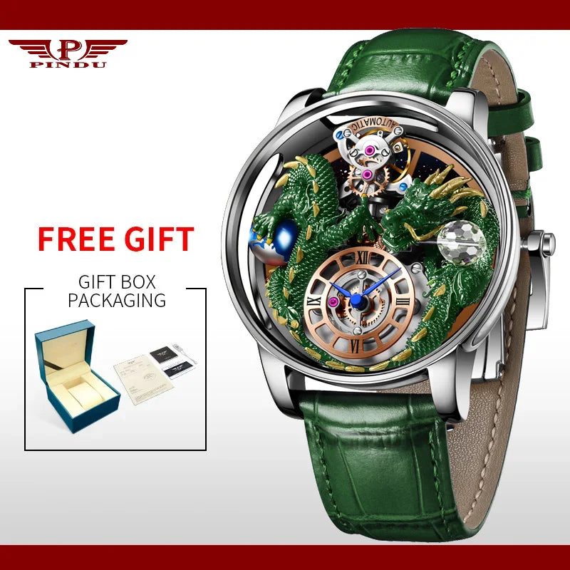 PINDU Design Celestial Body Series Traditionnelle Artisanat Three Dimensional Dragon Men Watch Curved Mirror Transparent Globe