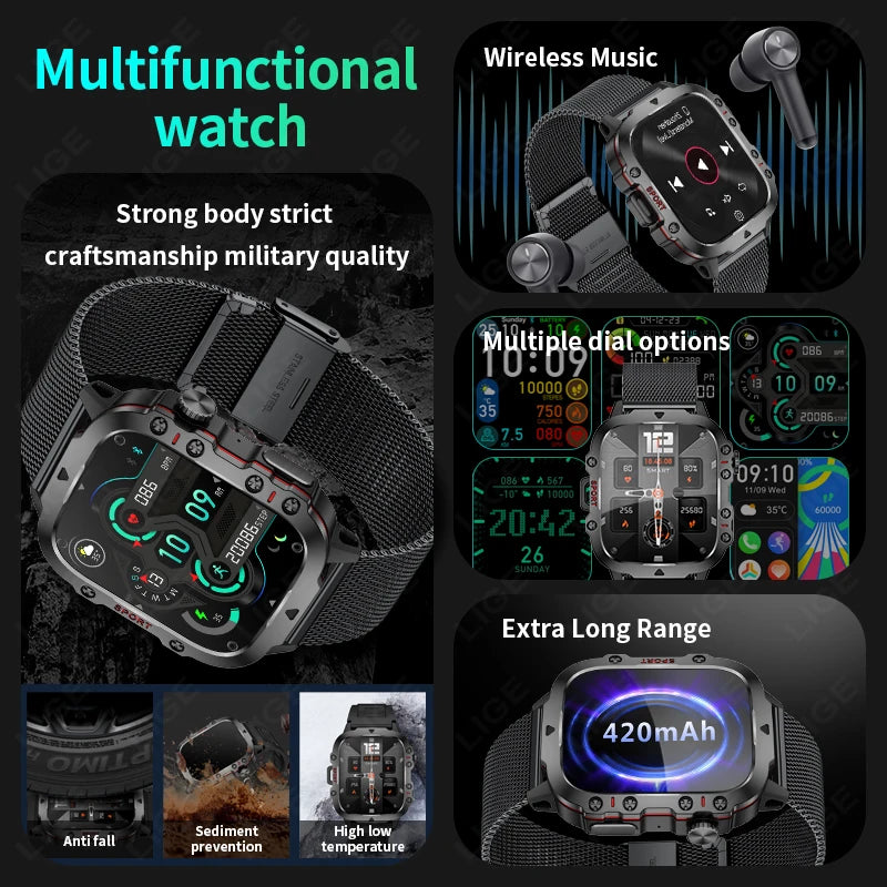 Men's Smartwatch Military Outdoor Sports Health Monitoring Bluetooth Call Voice Assistant Waterproof For Android IOS Smart Watch