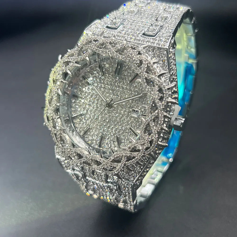 MISSFOX Cool Black Watch For Men Luxury Thorn Crown Quartz Watches Fashion Hip Hop Iced Diamond Wristwatch Man Dropshipping