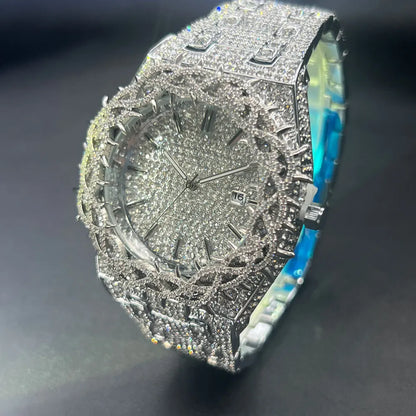 MISSFOX Cool Black Watch For Men Luxury Thorn Crown Quartz Watches Fashion Hip Hop Iced Diamond Wristwatch Man Dropshipping