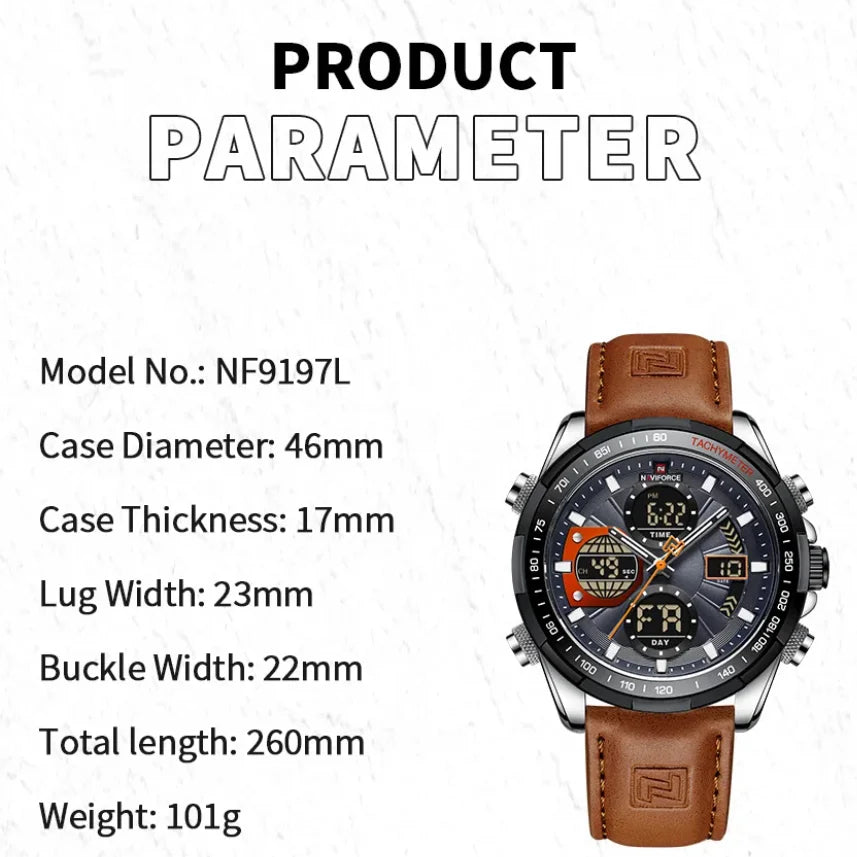 2025 NAVIFORCE Sport Watches for Men Strong Luminous Dual Display Waterproof Quartz Genuine Leather Wristwatch Relogio Masculino