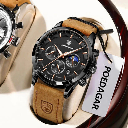 POEDAGAR Original Military Men Clock Waterproof Luminous Leather Quartz Man Watch Chronograph Date Luxury Business Men's Watches