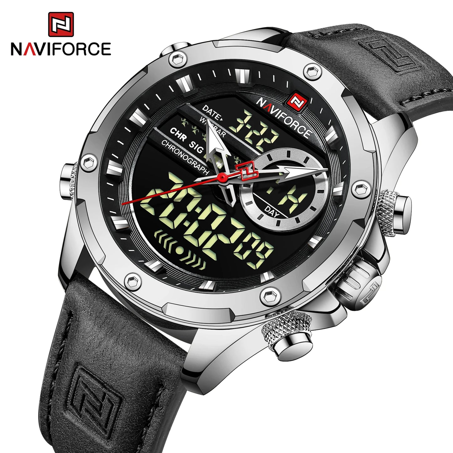 Naviforce Mens Original Watches 2025 Men Fashion Sports Waterproof Luxury Corium Strap Men Wristwatch with Calendar Dual Display