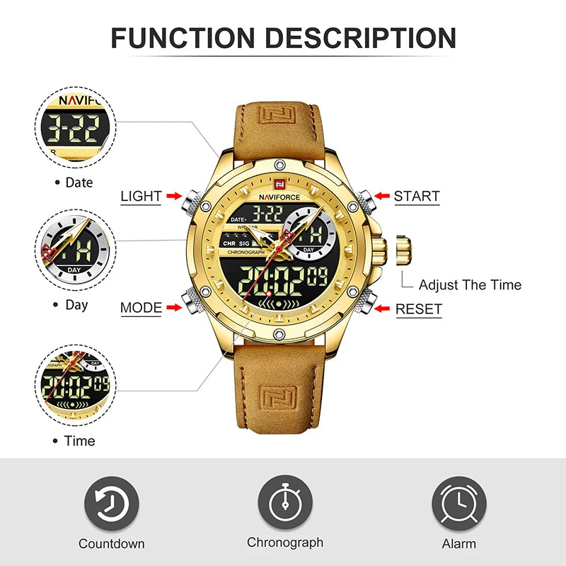 NAVIFORCE Classic Brand Man Genuine Leather Waterproof Wrist Watch Sports Casual Male Quartz Digital Military Chronograph Clocks