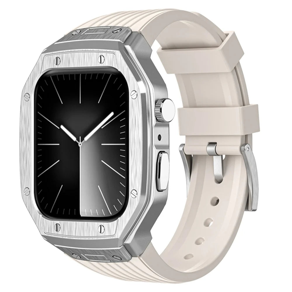 Luxury Modification Kit Metal Case+TPU Strap Replacement Accessories Compatible for I Watch Series 9 8 7 45mm 6 5 4 Se 44mm
