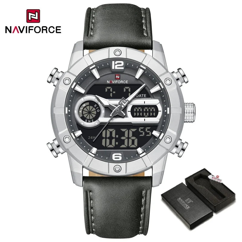 NAVIFORCE NF9263 Waterproof Watch Luminous Display Genuine Leather Strap Multi-Function Chronograph Countdown Timer Alarm NF9263
