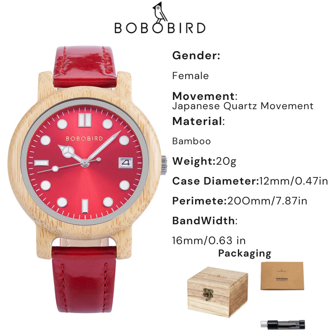 BOBO BIRD Bamboo Ladies Wristwatch for Women with Genuine Leather Strap Natural Lightweight Elegant Fashion Gift Watch for Her