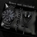 2/4PCS Black Men's Watch Set Business Trend Fashion Quartz Watch Jewelry Set Suitable for Daily Clothing Matching Perfect