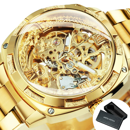 Forsining Gold Mens Watches Top Brand Luxury Skeleton Automatic Mechanical Watch for Men Stainless Steel Band Fashion Wristwatch