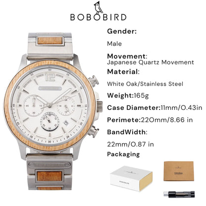 BOBOBIRD High Quality Men's Wood Watch Quartz Chronograph with Date Stainless Steel Wristwatch Gift for Him Support Dropshipping