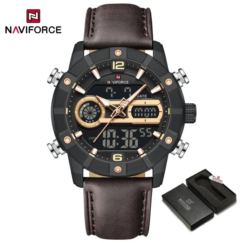 NAVIFORCE NF9263 Waterproof Watch Luminous Display Genuine Leather Strap Multi-Function Chronograph Countdown Timer Alarm NF9263