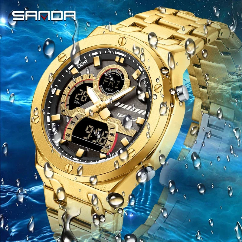 SANDA Fashion Men's Quartz Watch Multifunction Chronograph LED Display Wristwatch Waterproof Stainless Steel Men's Digital Clock