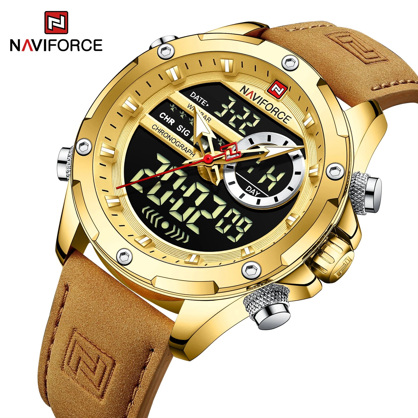 Naviforce Mens Original Watches 2025 Men Fashion Sports Waterproof Luxury Corium Strap Men Wristwatch with Calendar Dual Display