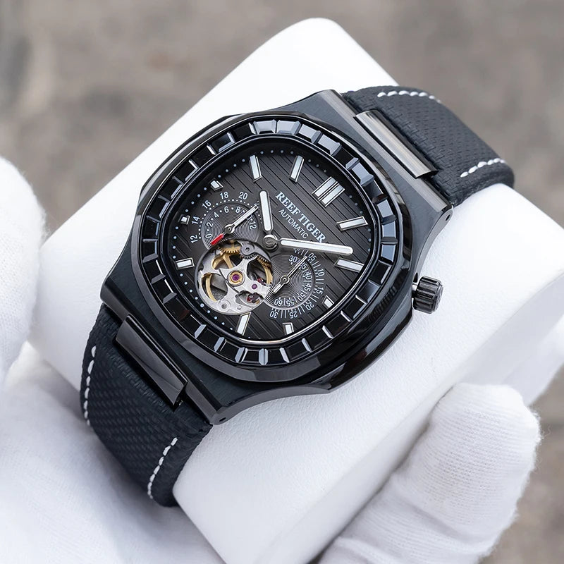 Reef Tiger Men Automatic Watch Luxury 44mm Square Mechanical Wristwatch Sapphire Luminous Skeleton Dial Date 24 Hours