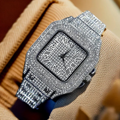Brand Luxury Men's Watches Stylish Alloy Strap Hip Hop Diamond Gold Date Quartz Watch Montre Homme
